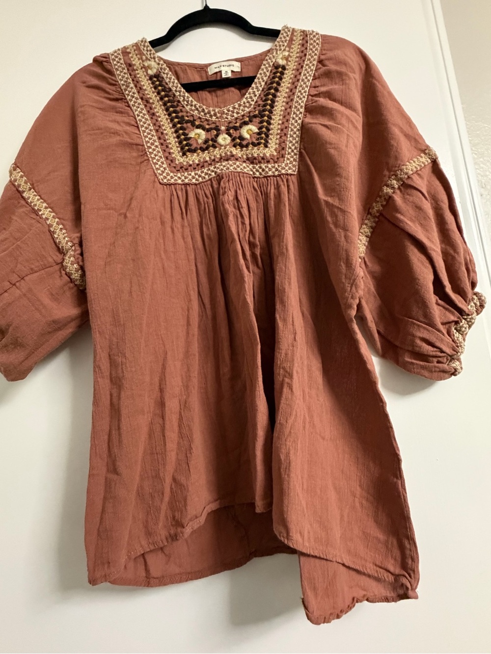Boho Max Studio Embroidered Peasant Top - Rust